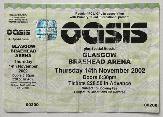 Oasis Original Unused Concert Ticket Braehead Arena Glasgow 14th Nov 2002
