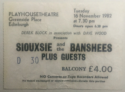 Siouxsie and the Banshees Original Used Concert Ticket Playhouse Theatre Edinburgh 16th Nov 1982