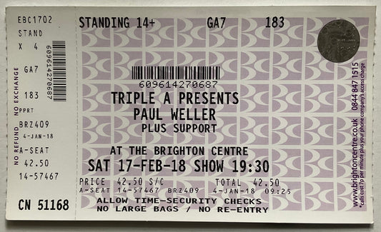 Paul Weller Original Complete Concert Ticket Brighton Centre 17th Feb 2018