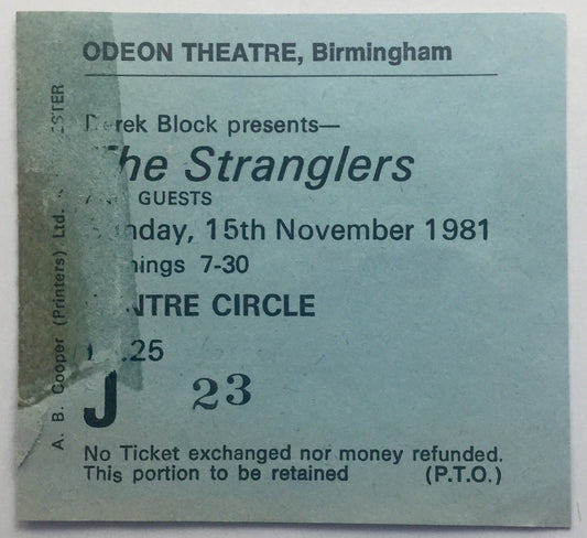 Stranglers Original Used Concert Ticket Odeon Theatre Birmingham 15th Nov 1981