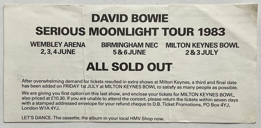 David Bowie Original Concert Handbill Flyer Town Serious Moonlight Tour Jun Jul 1983