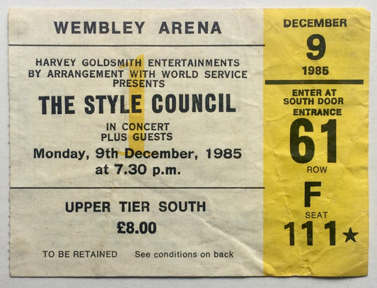 Style Council Original Concert Ticket Wembley Arena London 9th Dec 1985