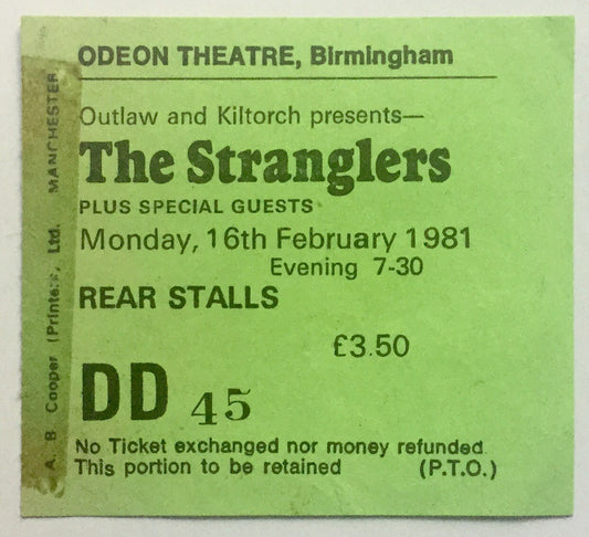 Stranglers Original Used Concert Ticket Odeon Theatre Birmingham 16th Feb 1981