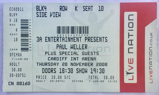 Paul Weller Original Complete Concert Ticket Cardiff International Arena 20th Nov 2008