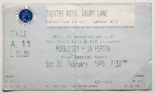 Smiths Morrissey Original Used Concert Ticket Theatre Royal London 26th Feb 1995