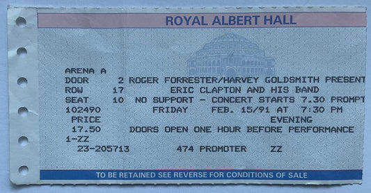 Eric Clapton Original Used Concert Ticket Royal Albert Hall London 15th Feb 1991