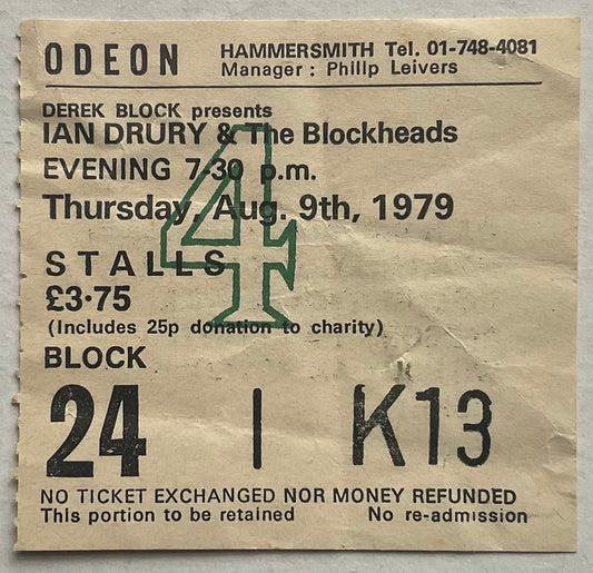 Ian Dury Original Concert Ticket Hammersmith Odeon London 9th Aug 1979