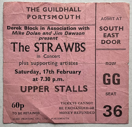 Strawbs Original Used Concert Ticket City Guildhall Portsmouth 17th Feb 1973