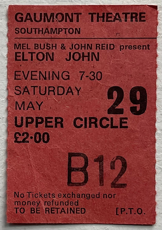Elton John Original Used Concert Ticket Gaumont Theatre Southampton 29th May 1976