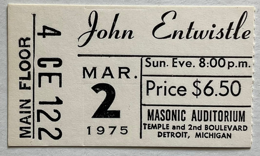 Who John Entwistle Original Used Concert Ticket Masonic Auditorium Detroit 2nd Mar 1975