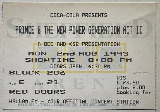 Prince Original Used Concert Ticket Hallam FM Arena Sheffield 2nd Aug 1993