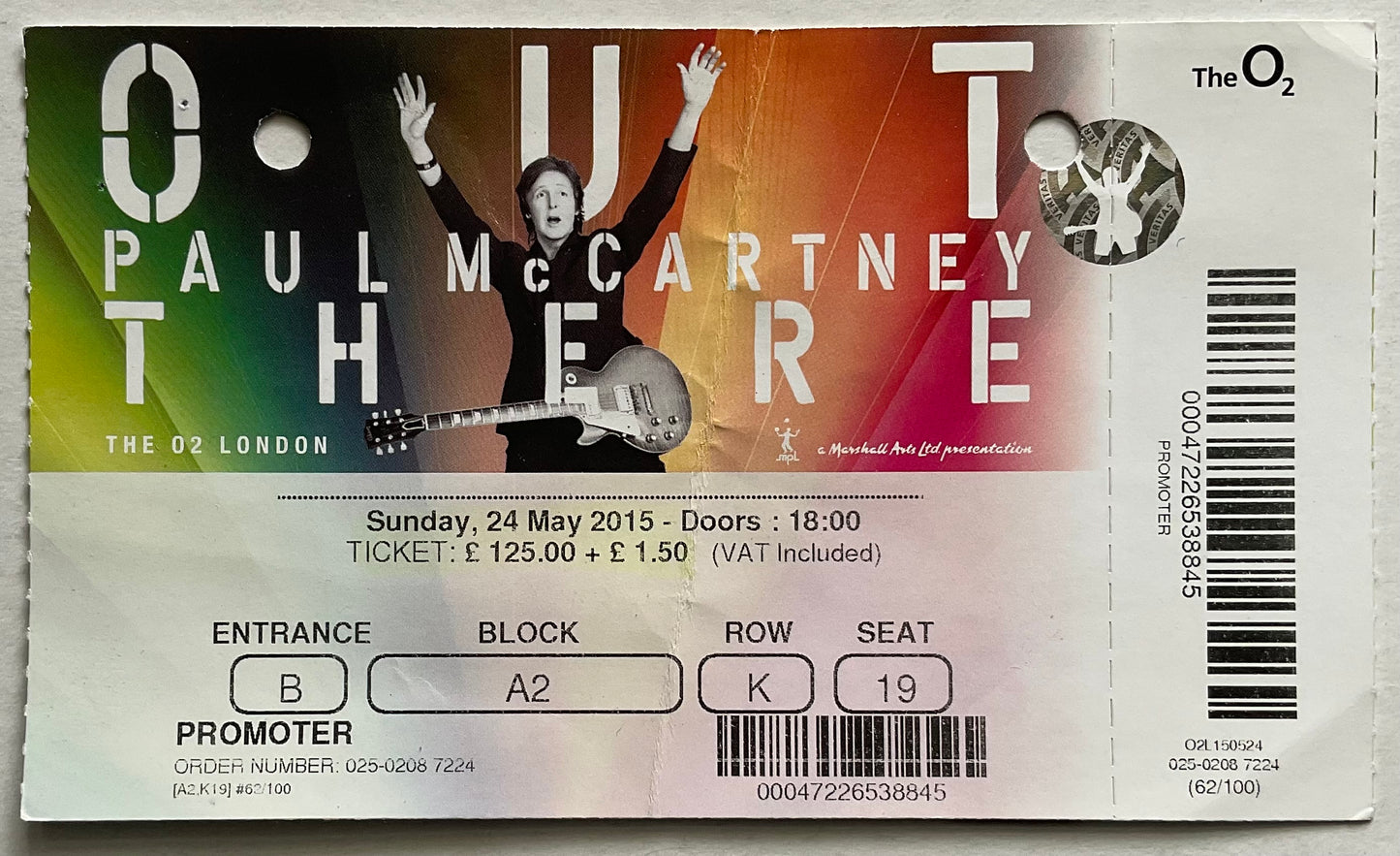 Beatles Paul McCartney Original Used Concert Ticket O2 Arena London 24th May 2015