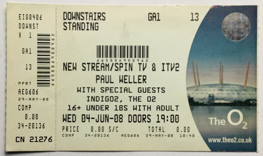 Paul Weller Original Complete Concert Ticket O2 Arena London 4th June 2008