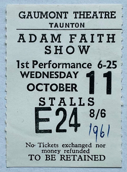 Adam Faith Original Used Concert Ticket Gaumont Theatre Taunton 11th Oct 1961
