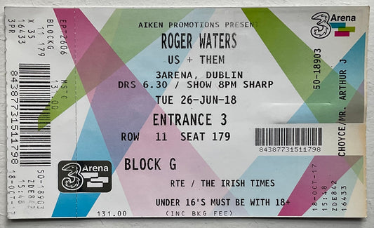 Pink Floyd Roger Waters Original Unused Concert Ticket 3 Arena Dublin 26th Jun 2018
