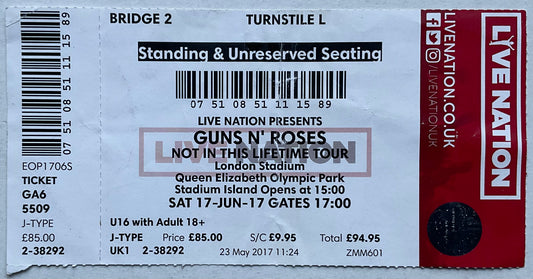 Guns N’ Roses Original Unused Concert Ticket London Stadium 17th Jun 2017