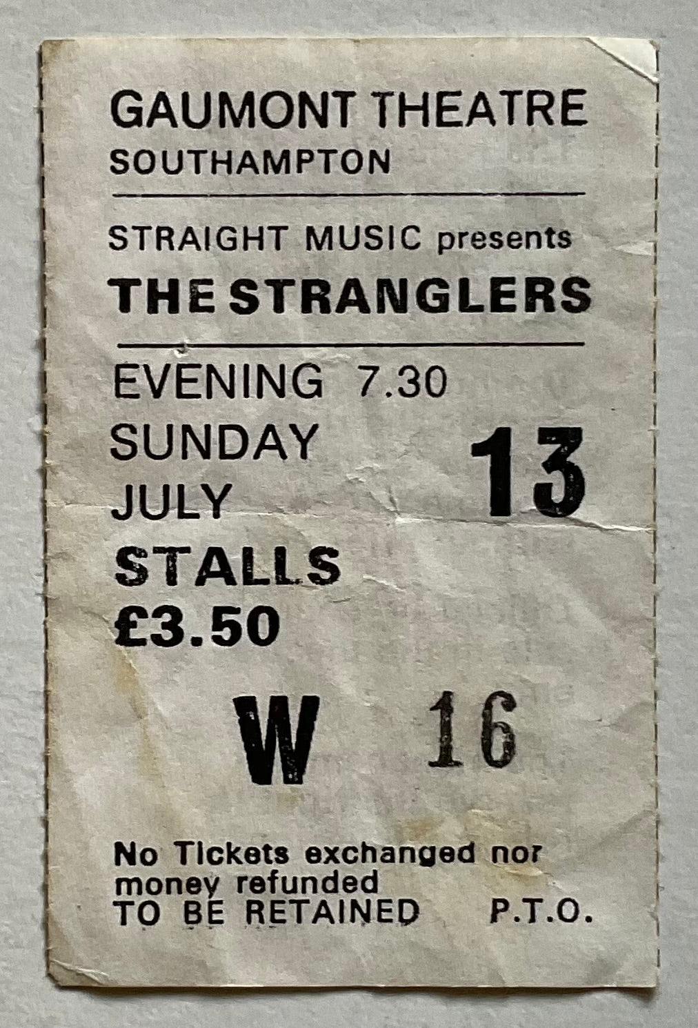 Stranglers Original Concert Ticket Gaumont Theatre Southampton 13th July 1980