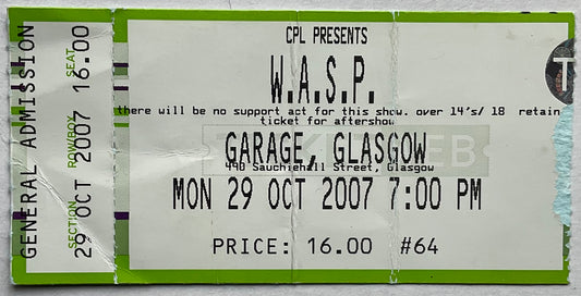 W.A.S.P. Wasp Original Used Concert Ticket Garage Glasgow 29th Oct 2007