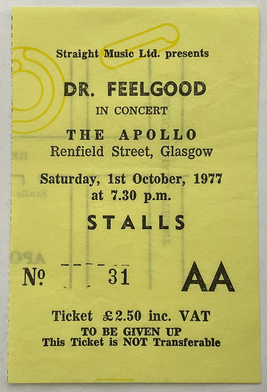 Dr Feelgood Original Used Concert Ticket Apollo Theatre Glasgow 1st Oct 1977