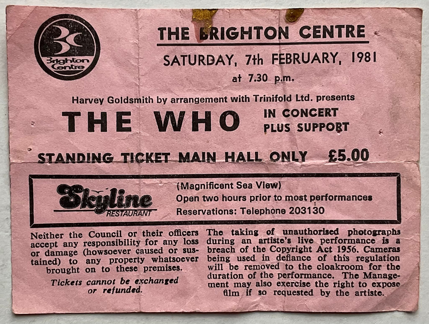 Who Original Used Concert Ticket Brighton Centre 7th Feb 1981