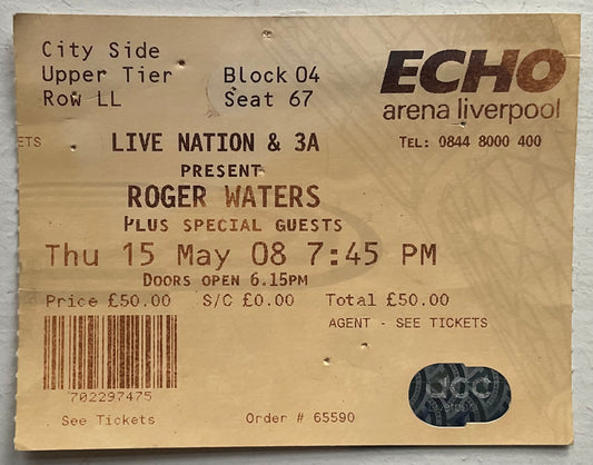 Pink Floyd Roger Waters Original Used Concert Ticket Echo Arena Liverpool 15th May 2008