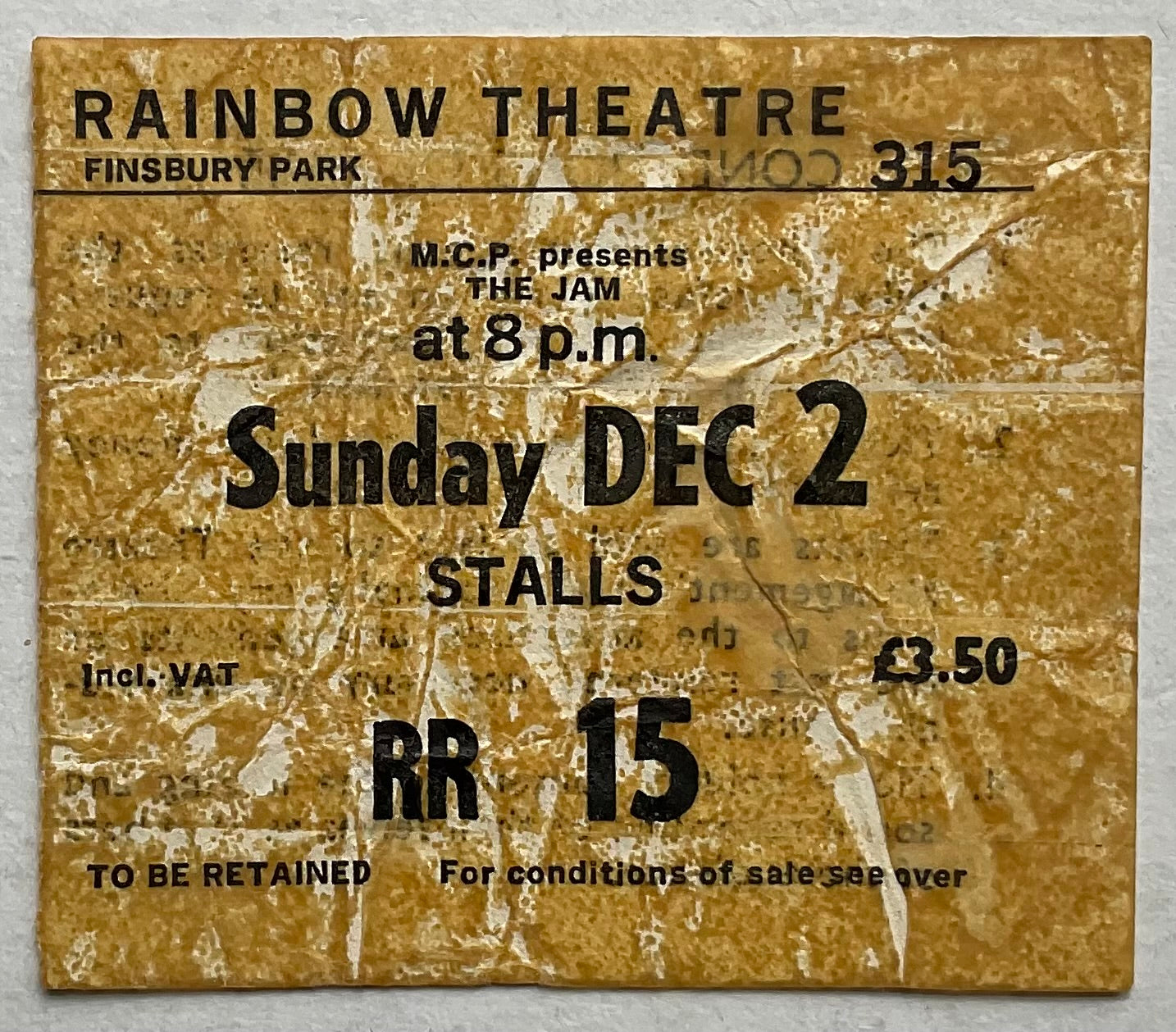 Jam Original Used Concert Ticket Rainbow Theatre London 2nd Dec 1979
