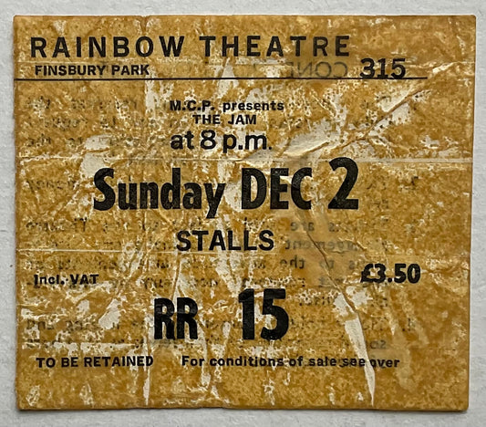 Jam Original Used Concert Ticket Rainbow Theatre London 2nd Dec 1979