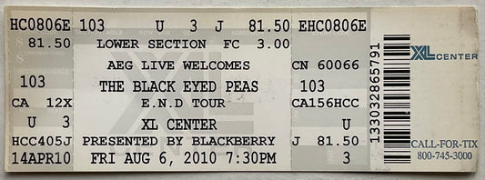 Black Eyed Peas Original Unused Concert Ticket XL Center Hartford 6th Aug 2010