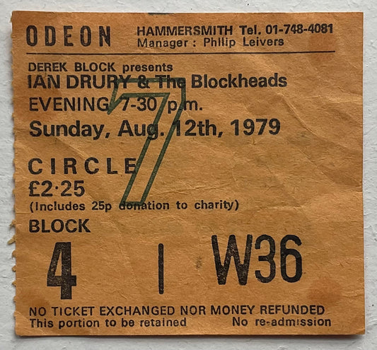 Ian Dury Original Concert Ticket Hammersmith Odeon London 12th Aug 1979