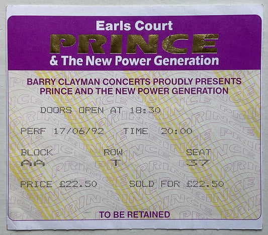 Prince Original Used Concert Ticket Earls Court London 17th June 1992