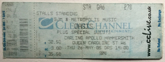 Oasis Original Unused Concert Ticket Carling Apollo Hammersmith London 26th May 2005