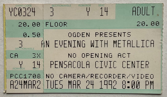 Metallica Original Used Concert Ticket Pensacola Civic Center 24th Mar 1992