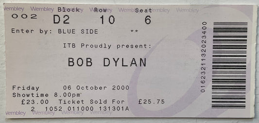 Bob Dylan Original Used Concert Ticket Wembley Arena London 6th Oct 2000