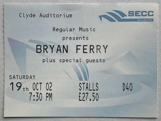 Roxy Music Bryan Ferry Original Used Concert Ticket SECC Glasgow 19th Oct 2002