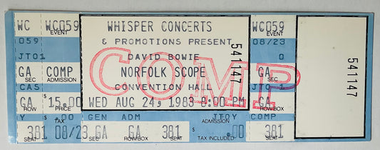 David Bowie Original Unused Concert Ticket Scope Convention Hall Norfolk 24th Aug 1983
