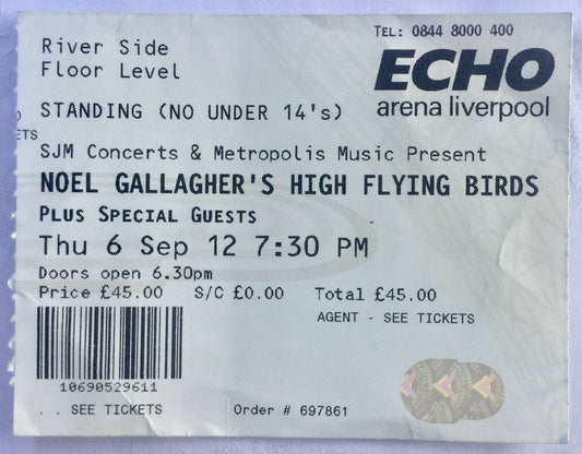 Oasis Noel Gallagher's High Flying Birds Original Used Concert Ticket Echo Arena Liverpool 6th Sept 2012