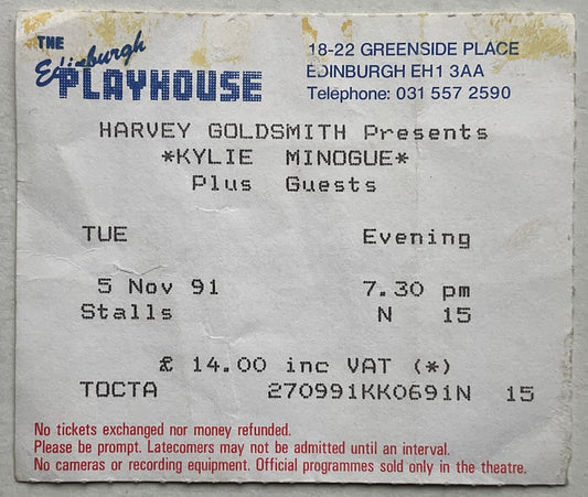 Kylie Minogue Original Used Concert Ticket Edinburgh Playhouse 5th Nov 1991