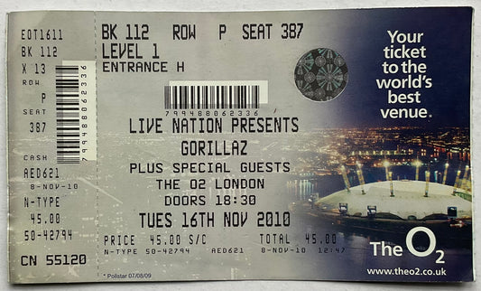 Gorillaz Original Unused Concert Ticket O2 Arena London 16th Nov 2010