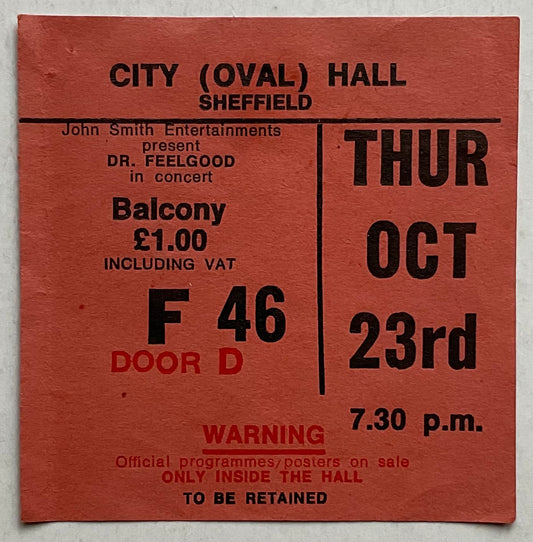 Dr Feelgood Original Used Concert Ticket City Hall Sheffield 23rd Oct 1975