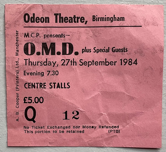 Orchestral Manoeuvres in the Dark OMD Original Used Concert Ticket Odeon Theatre Birmingham 27th Sep 1984
