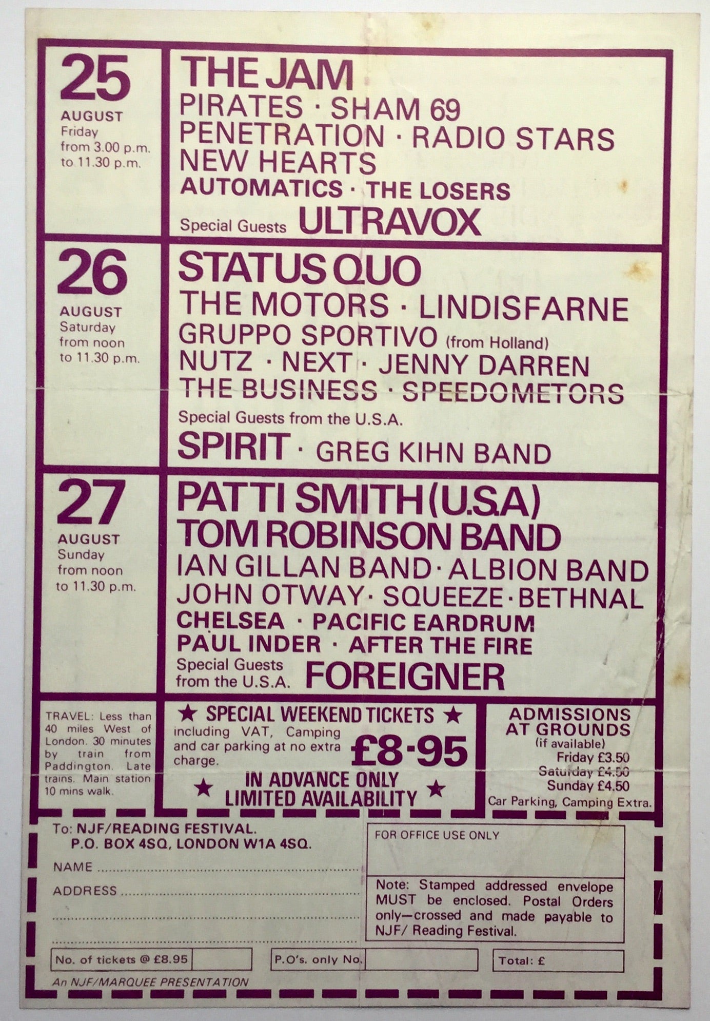 Jam Status Quo Patti Smith Original 18th Reading Festival Handbill Flyer 1978
