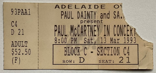 Beatles Paul McCartney Original Concert Ticket Adelaide Oval 13th Mar 1993