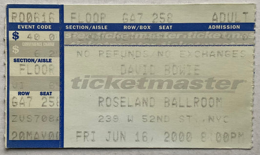 David Bowie Original Used Concert Ticket Roseland Ballroom New York 16th Jun 2000