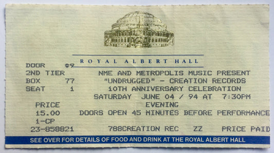 Oasis Original Early Concert Ticket Royal Albert Hall London 4th June 1994
