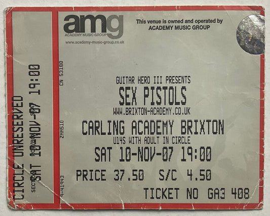 Sex Pistols Original Used Concert Ticket Carling Academy Brixton 10th Nov 2007