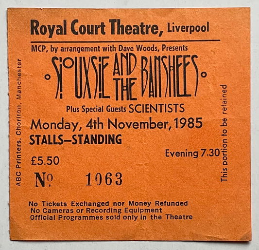 Siouxsie & the Banshees Used Concert Ticket Royal Court Theatre Liverpool 4th Nov 1985