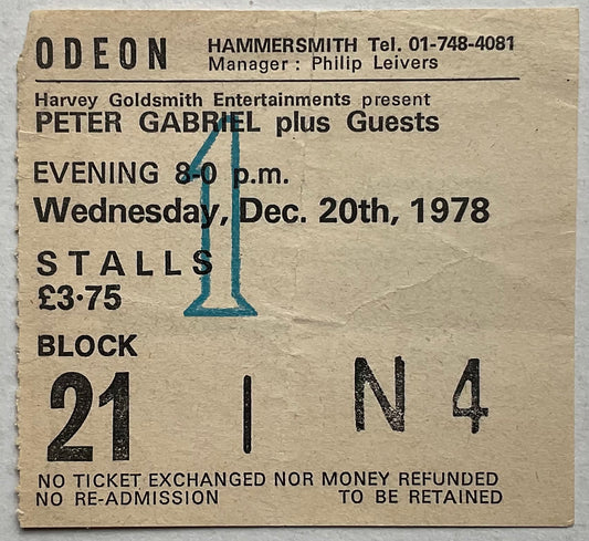 Peter Gabriel Original Used Concert Ticket Hammersmith Odeon London 20th Dec 1978