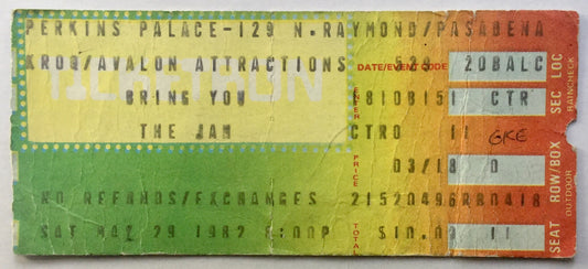 Jam Original Used Concert Ticket Perkins Palace Pasadena 29th May 1982