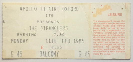 Stranglers Original Used Concert Ticket Apollo Theatre Oxford 11th Feb 1985