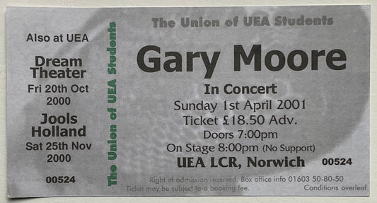 Gary Moore Original Unused Concert Ticket UEA Norwich 1st Apr 2001